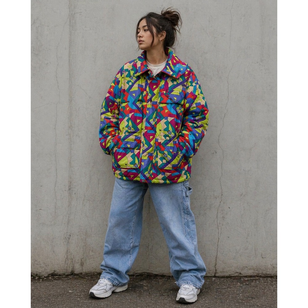 Nobuo Ikeda Quilted Monkey Print Jacket Womens 06 Multi Color Excellent